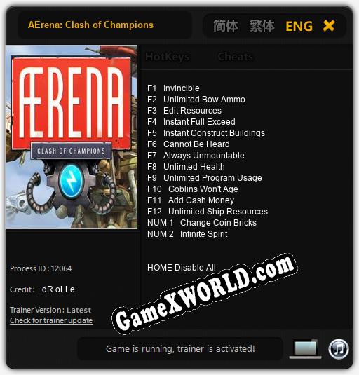 Трейнер для AErena: Clash of Champions [v1.0.9]