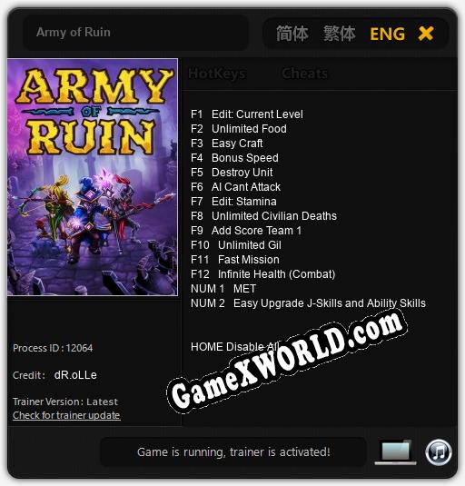 Army of Ruin: ТРЕЙНЕР И ЧИТЫ (V1.0.44)