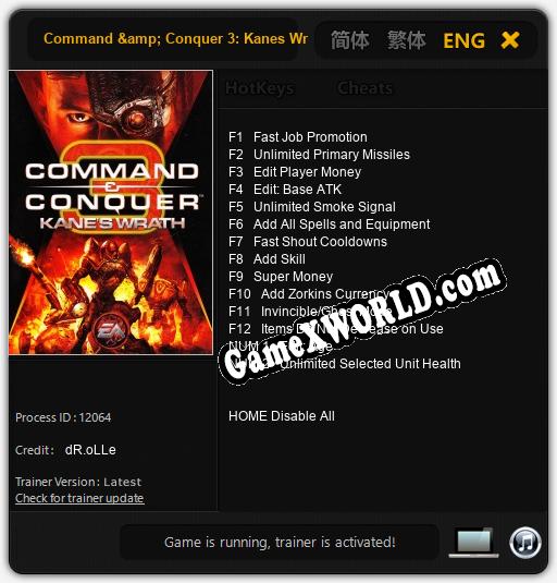 Трейнер для Command & Conquer 3: KaneвЂ™s Wrath [v1.0.8]