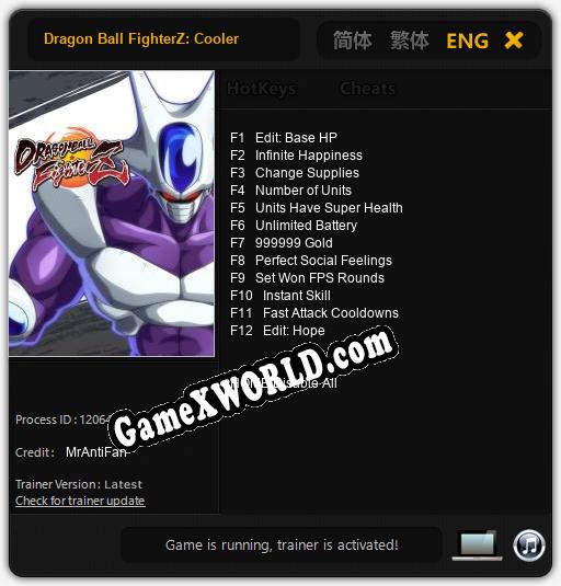 Трейнер для Dragon Ball FighterZ: Cooler [v1.0.5]