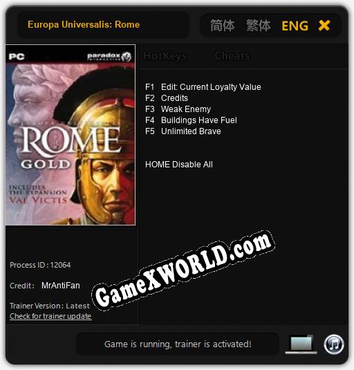 Europa Universalis: Rome: ТРЕЙНЕР И ЧИТЫ (V1.0.75)