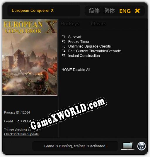 European Conqueror X: ТРЕЙНЕР И ЧИТЫ (V1.0.30)