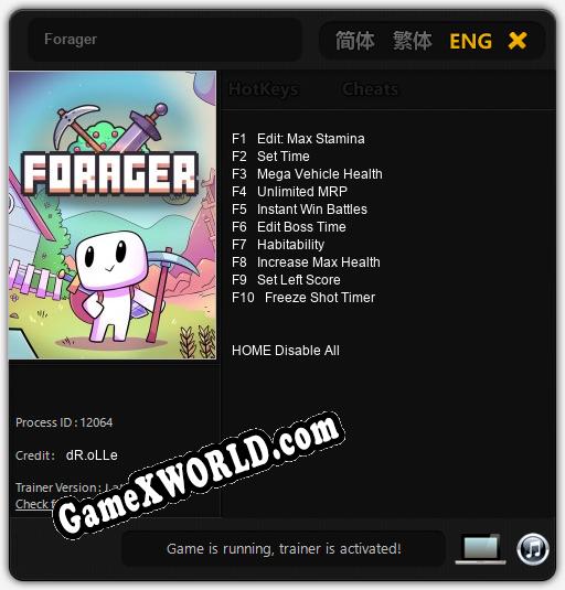 Трейнер для Forager [v1.0.8]