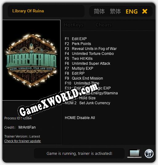 Трейнер для Library Of Ruina [v1.0.7]