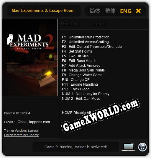Трейнер для Mad Experiments 2: Escape Room [v1.0.6]