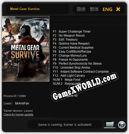 Трейнер для Metal Gear Survive [v1.0.7]