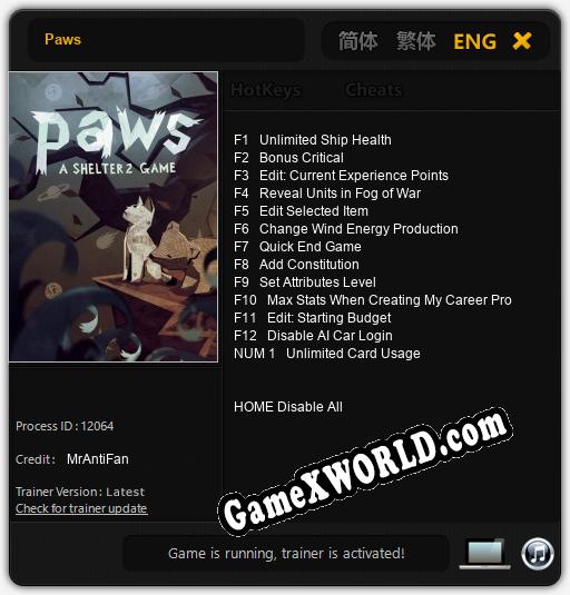 Paws: ТРЕЙНЕР И ЧИТЫ (V1.0.72)