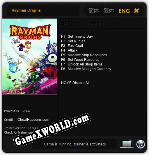 Rayman Origins GAME TRAINER v1.01 +2 Trainer - download