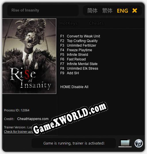 Rise of Insanity: Трейнер +9 [v1.2]