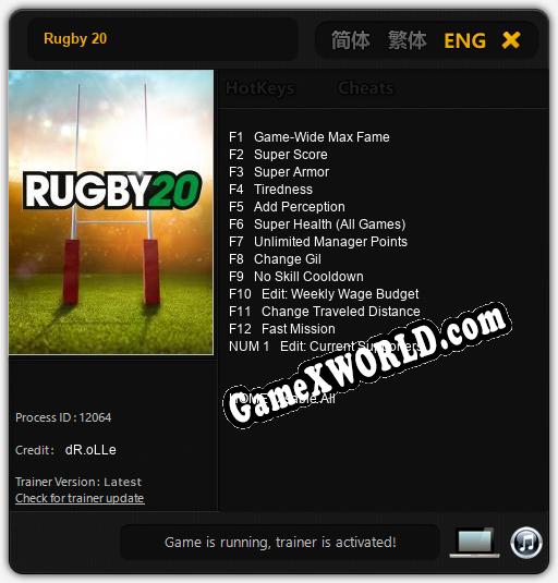Трейнер для Rugby 20 [v1.0.1]