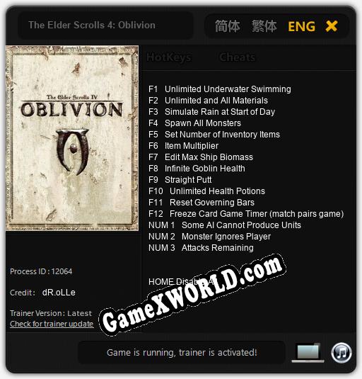 Трейнер для The Elder Scrolls 4: Oblivion [v1.0.1]