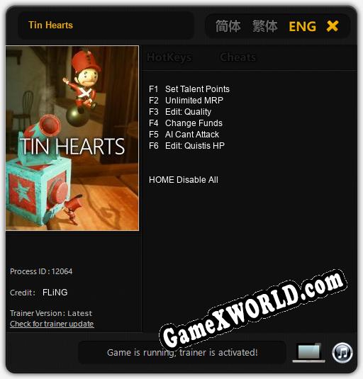 Трейнер для Tin Hearts [v1.0.8]