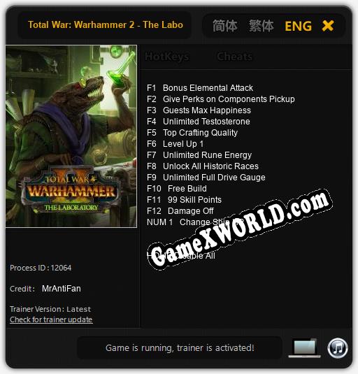 Трейнер для Total War: Warhammer 2 - The Laboratory [v1.0.6]