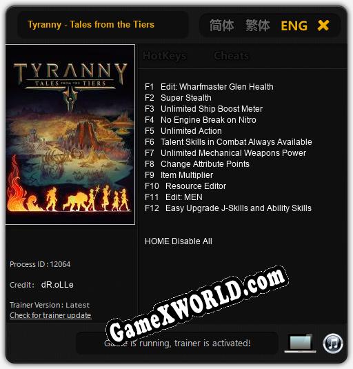 Tyranny - Tales from the Tiers: ТРЕЙНЕР И ЧИТЫ (V1.0.73)