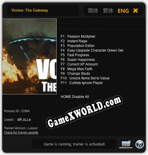 Трейнер для Vortex: The Gateway [v1.0.8]