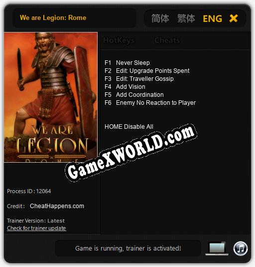 Трейнер для We are Legion: Rome [v1.0.1]
